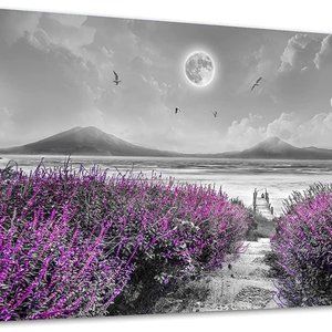 Purple Lavender Canvas Wall Decor Art Painting Beach Moon Ocean Modern Print